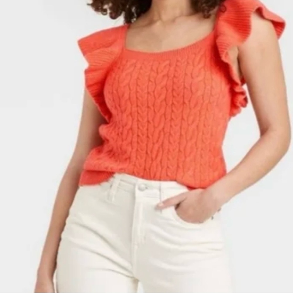 A New Day Orange Cable Knit Ruffle Sleeve Tank Top Bright Summer XS Preppy